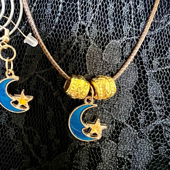 Blue Celestial Starry Crescent Moon Necklace and Earrings Set - Picture 7 of 9